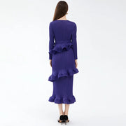 High quality long sleeve dress with ruffles and pleated bow