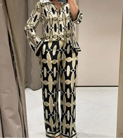 Women's Geometric Print Shirt Pants Suit V-neck Long Sleeves Top High Waist Hidden Zip Straight Leg Pants Female Chic Set