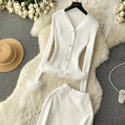 Basic Sets V-Neck Button-Down Knitted Blouse + High Quality Elastic Waist Bodycon Skirt