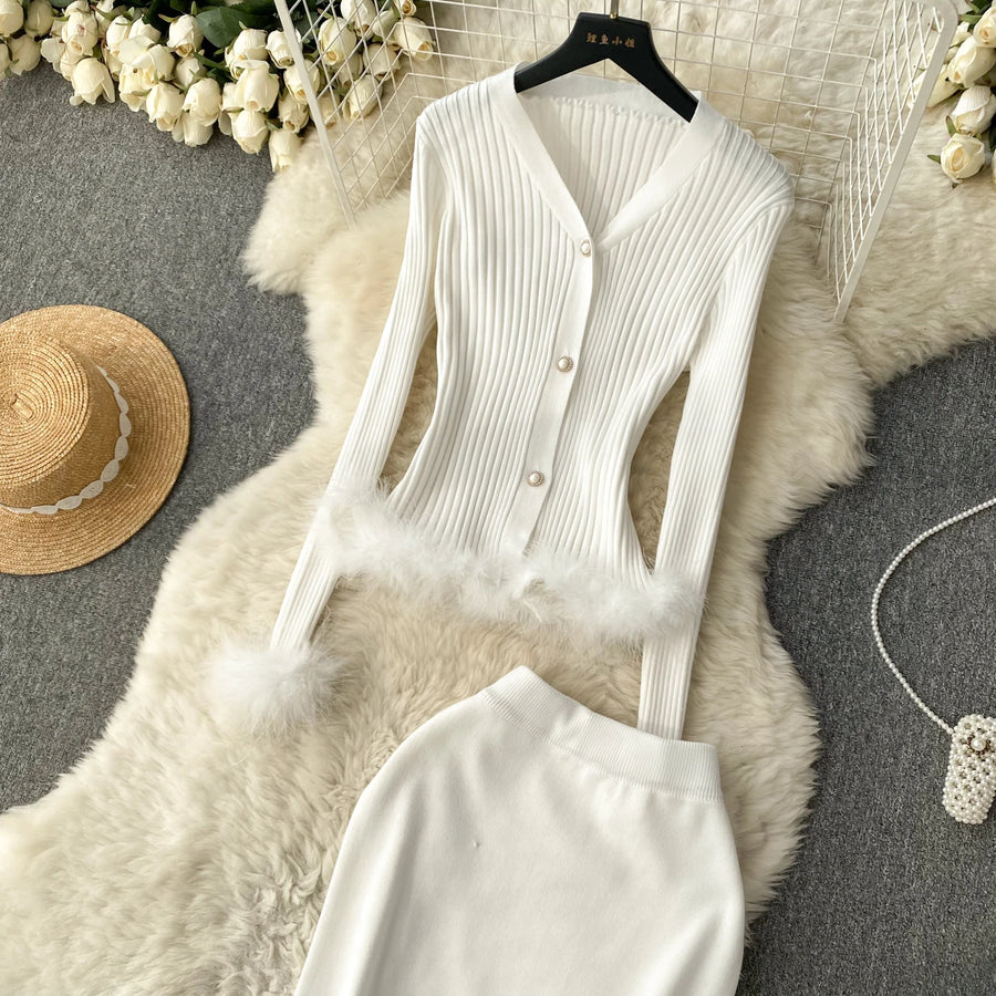 Basic Sets V-Neck Button-Down Knitted Blouse + High Quality Elastic Waist Bodycon Skirt