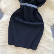 French V-neck, halterneck, backless short dress with fitted belt with high quality beads and sequins
