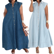 Long Dress Women Denim Dresses A Line Vestidos  Streetwear Turn Down Collar Sleeveless Elegant Casual Loose