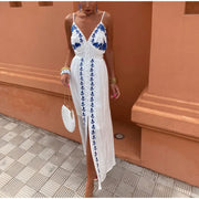 Women Sexy Flower Embroidered Split Sling Dress Chic Single Breasted Backless Sleeveless Long Dresses Lady Party Beach Robes