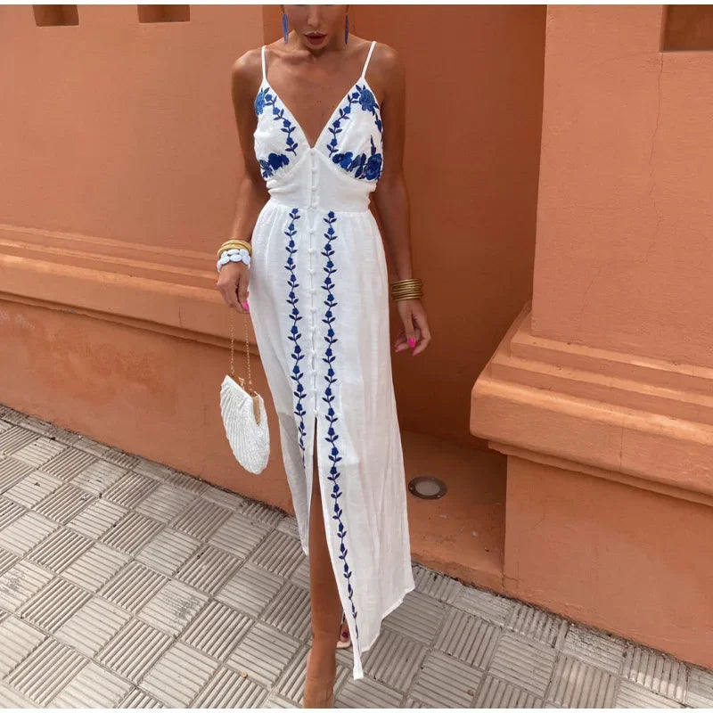 Women Sexy Flower Embroidered Split Sling Dress Chic Single Breasted Backless Sleeveless Long Dresses Lady Party Beach Robes