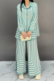 High quality striped long sleeve top+loose pants two piece set