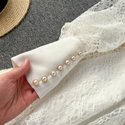 Vintage Flowers Embroidered Hollow Out Lace Dress High Neck Long Lantern Sleeve High Quality Pearl Buttons