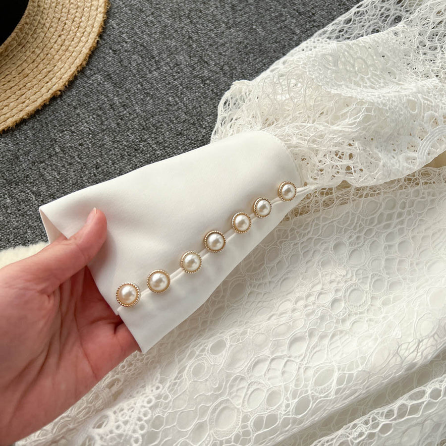 Vintage Flowers Embroidered Hollow Out Lace Dress High Neck Long Lantern Sleeve High Quality Pearl Buttons