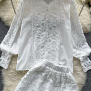 Retro Two Piece Set Hollow Out Long Sleeve Shirt+High Quality Mini Skirts