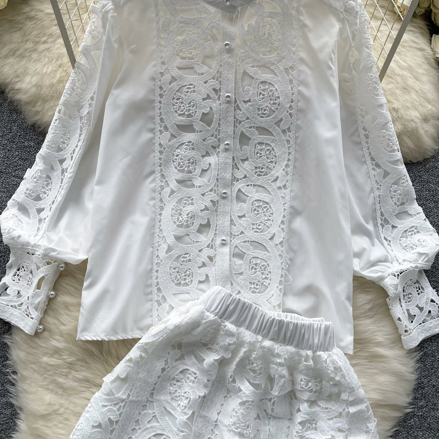 Retro Two Piece Set Hollow Out Long Sleeve Shirt+High Quality Mini Skirts