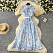 Elegant vintage button-down midi dress with high-quality print
