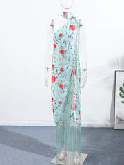 Print Tassels One-piece Long Dress Women Elegant Scarf Collar Sleeveless Backless Slim Party Dresses New Fashion Ladies Vestidos