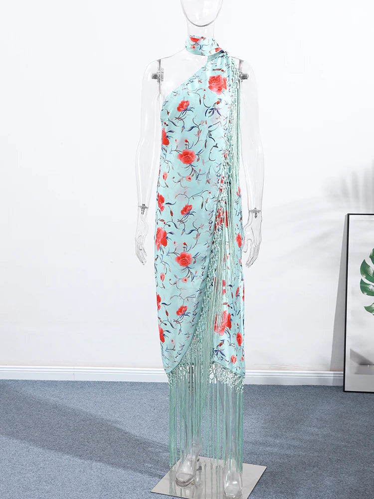 Print Tassels One-piece Long Dress Women Elegant Scarf Collar Sleeveless Backless Slim Party Dresses New Fashion Ladies Vestidos
