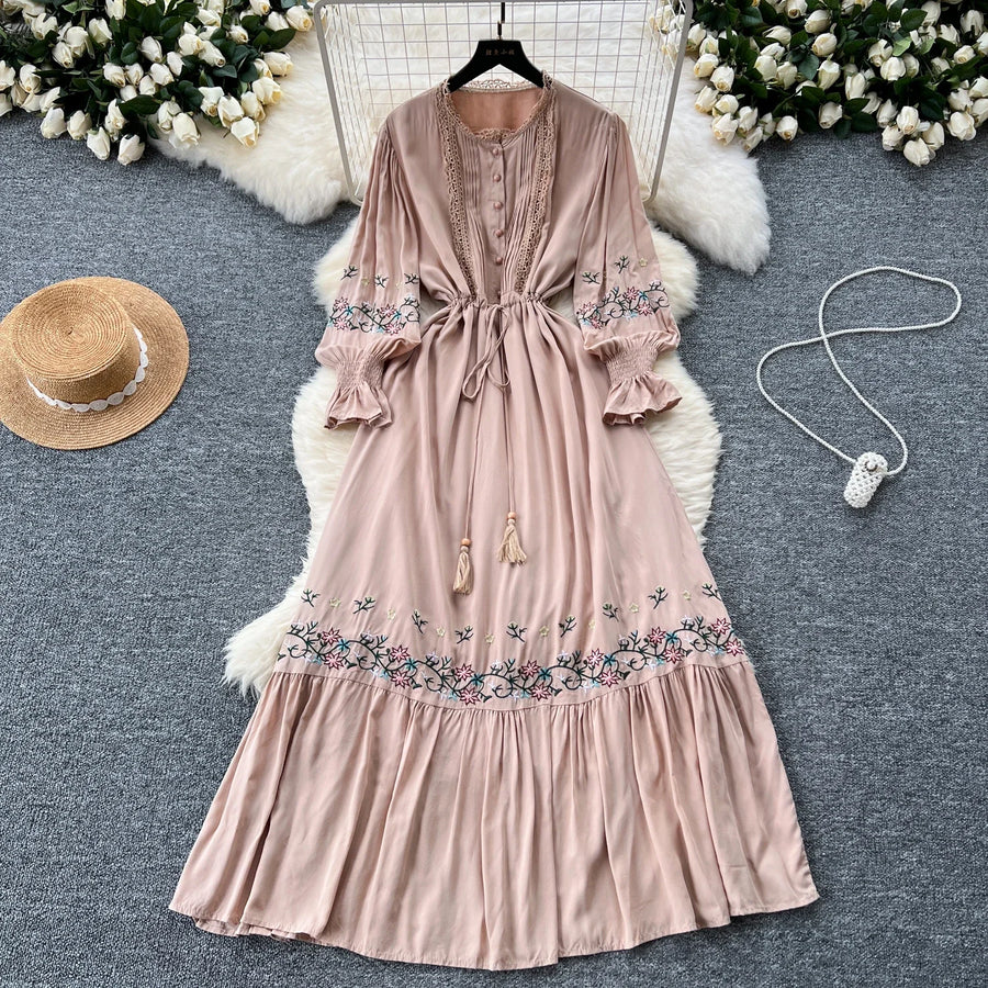 Vintage elegant dress with patchwork embroidery, lace ruffles, high-quality flared sleeves
