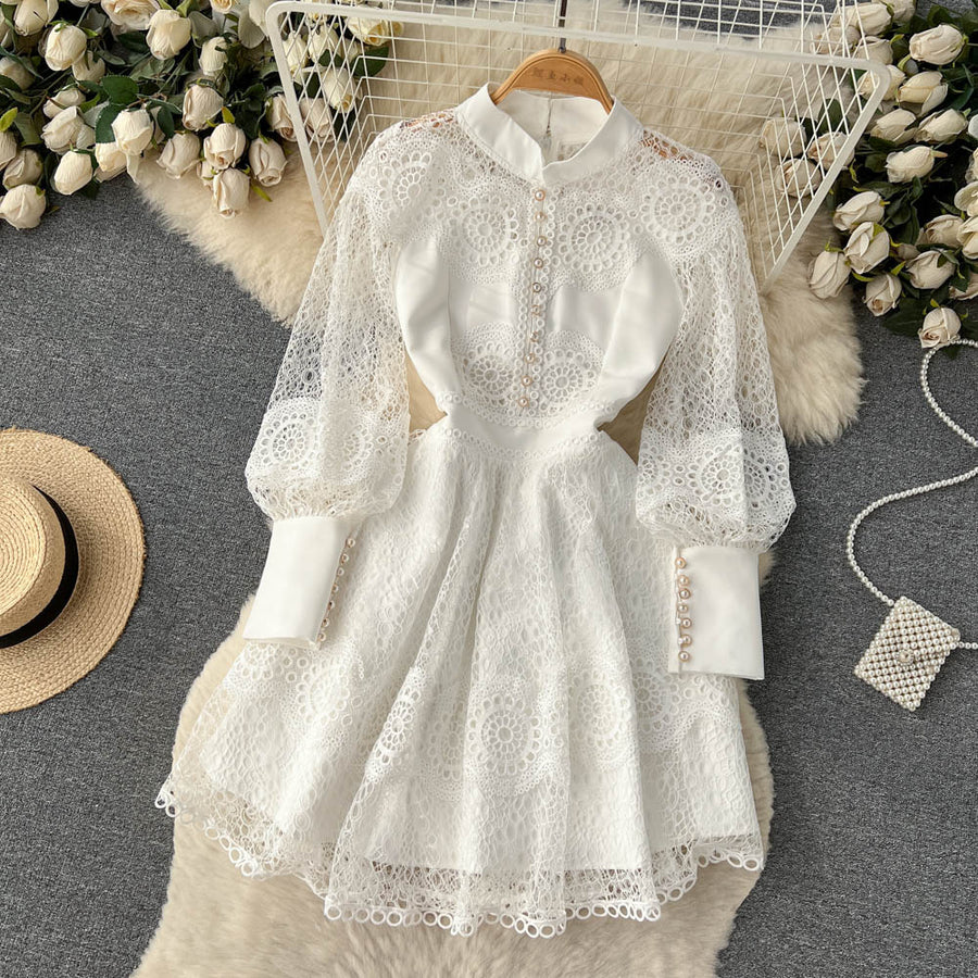 Vintage Flowers Embroidered Hollow Out Lace Dress High Neck Long Lantern Sleeve High Quality Pearl Buttons