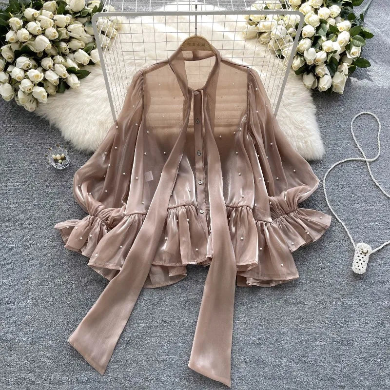 High Quality Flare Sleeve Sheer Blouses