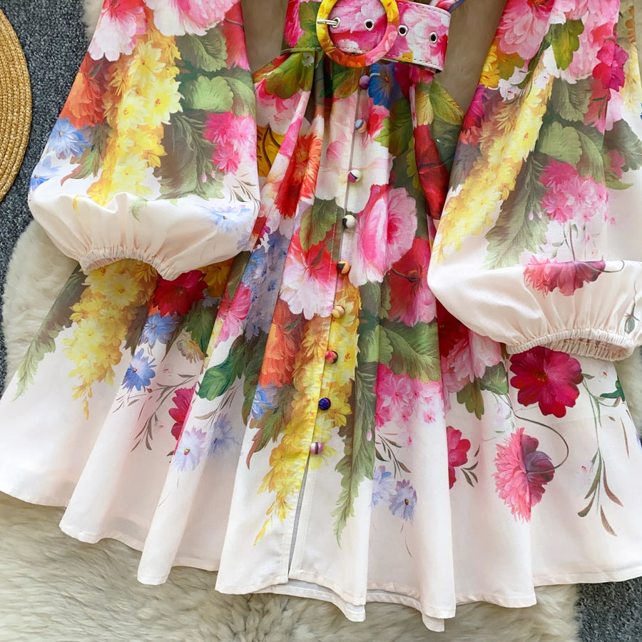 High quality long sleeve French vintage style elegant floral print dress