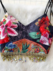 Summer Holiday Jacquard Spaghetti Strap Diamonds Tassels Bra Crop Top+Floral Print Mini Skirt Suits Beach Sexy 2 Pieces Sets