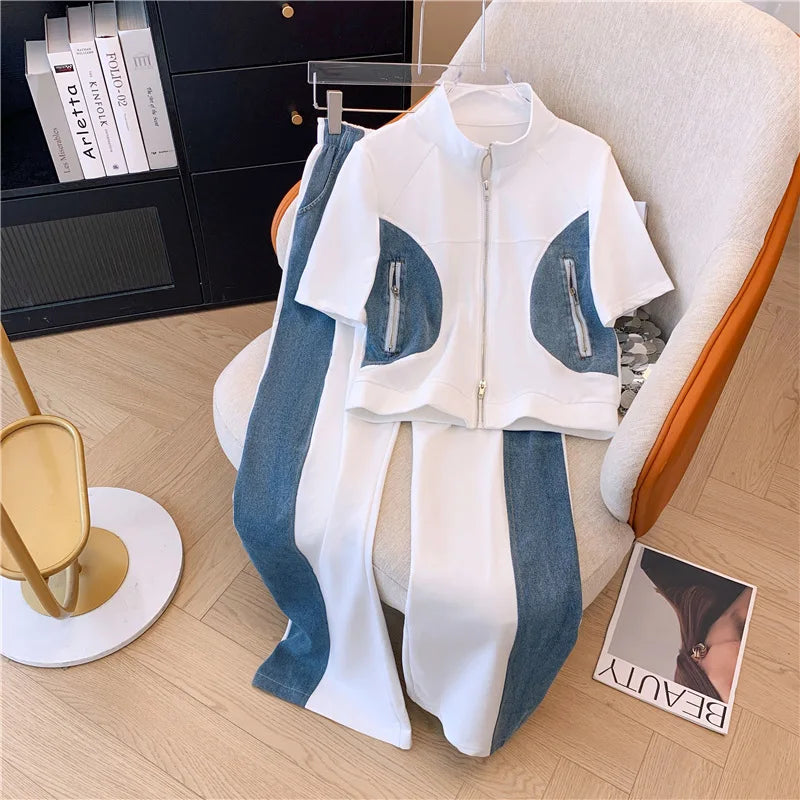 Summer New Stitched Zipper T-shirt top Female Set Elegant Women's Jeans Casual Blouse Two Piece Set Ladies Tracksuits big