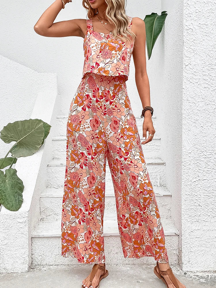 High Quality Sleeveless Casual Floral Backless Wide Leg Elegant Long Jumpsuit