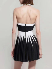 Black White Striped Buttons 3D Pink Pleated Sexy Sleeveless Knitted Mini Dress
