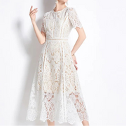 TESSCARA Women Summer Elegant White Dress High Quality Wedding Cocktail Party Robe Vintage Hollow Out Designer Lace Vestidos