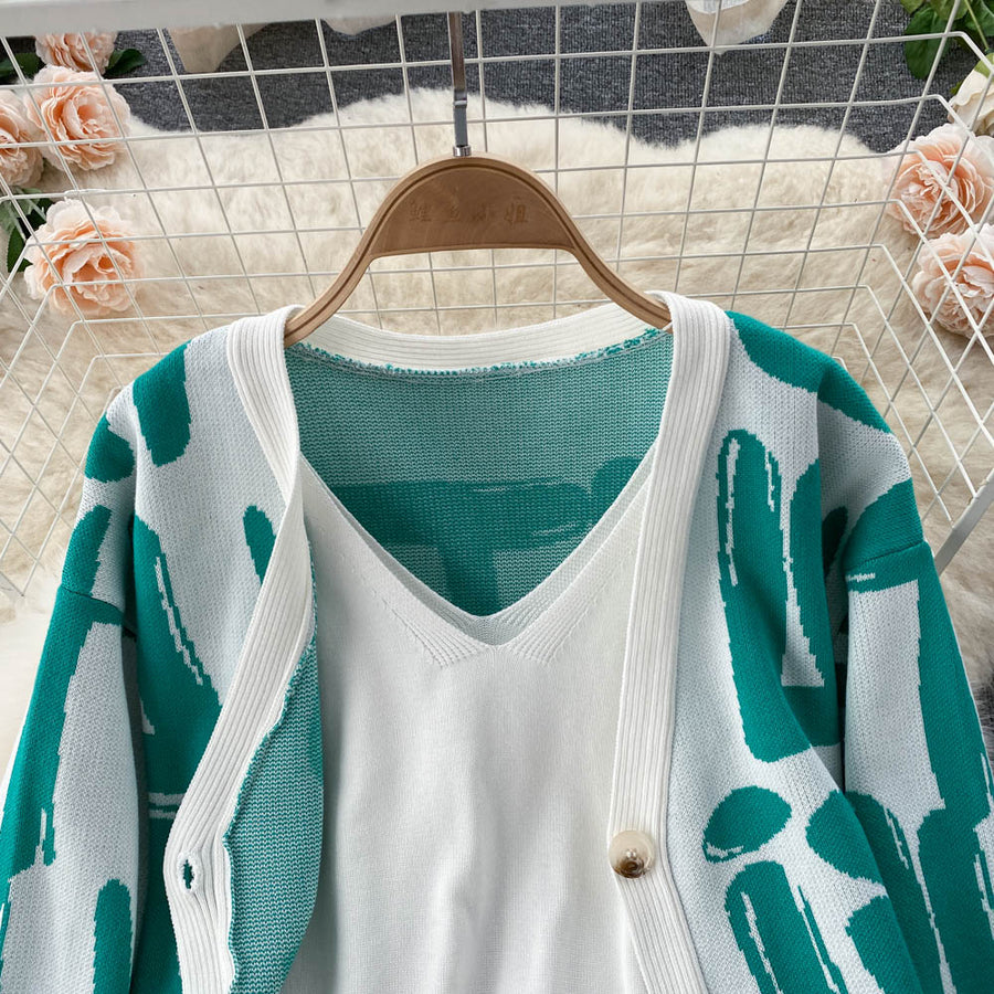 High quality cardigans V-neck sweater + vest + pencil pants three-piece set