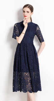 High Quality Hollow Out Short Sleeve Vintage Solid Midi Length Embroidery Lace Elegant Dresses