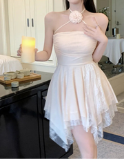 Woman Dress Flower Sleeveless Sexy Halter Irregular Lace Patchwork Ruffles Slash Neck Slim Stretch Backless Party Dresses
