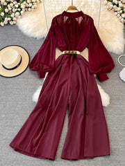 High Quality Wide Leg Lantern Sleeve Stand Collar Pleated Jumpsuit