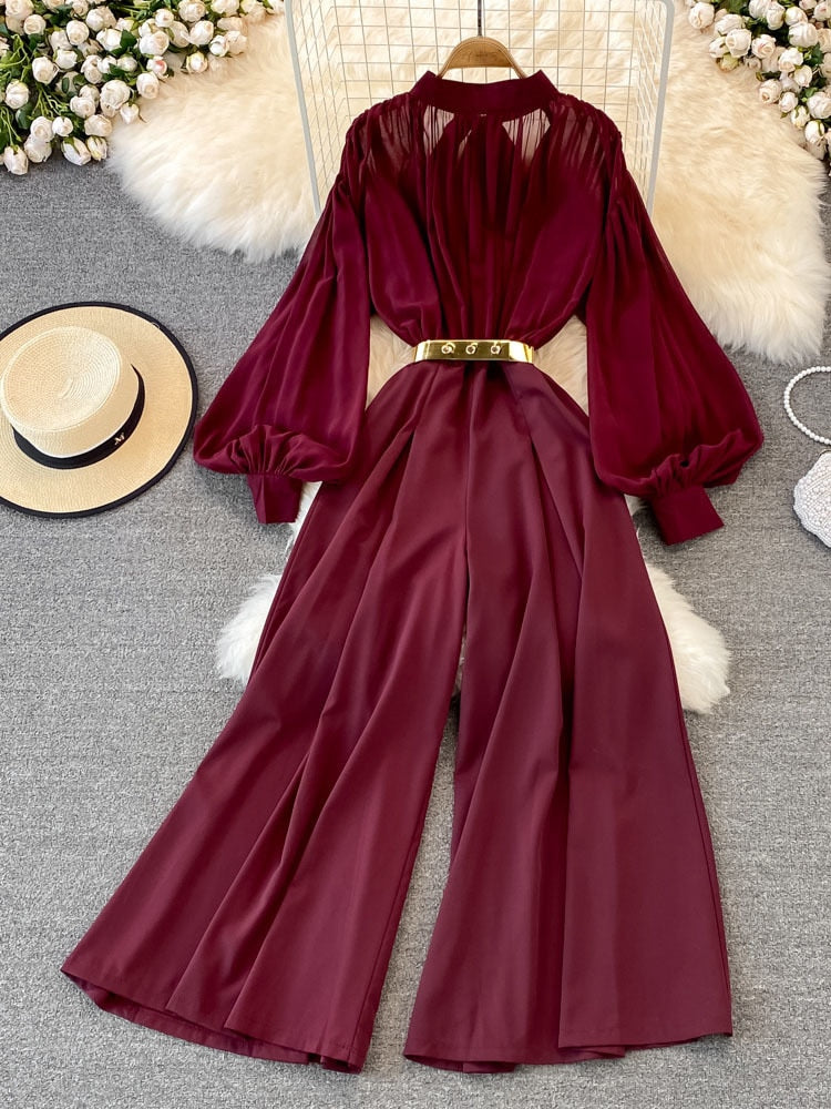 High Quality Wide Leg Lantern Sleeve Stand Collar Pleated Jumpsuit