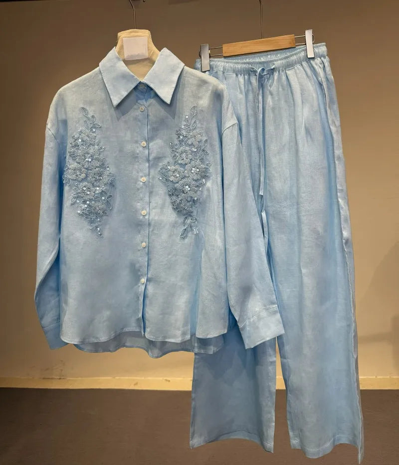 Spring Summer Women Embroidered Linen Sets Loose Fit Long Sleeve Shirt Outfits Elastic Waist Wide Leg Floor Pants Two Piece Set