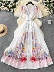 Elegant vintage V-neck button long floral evening dress high quality