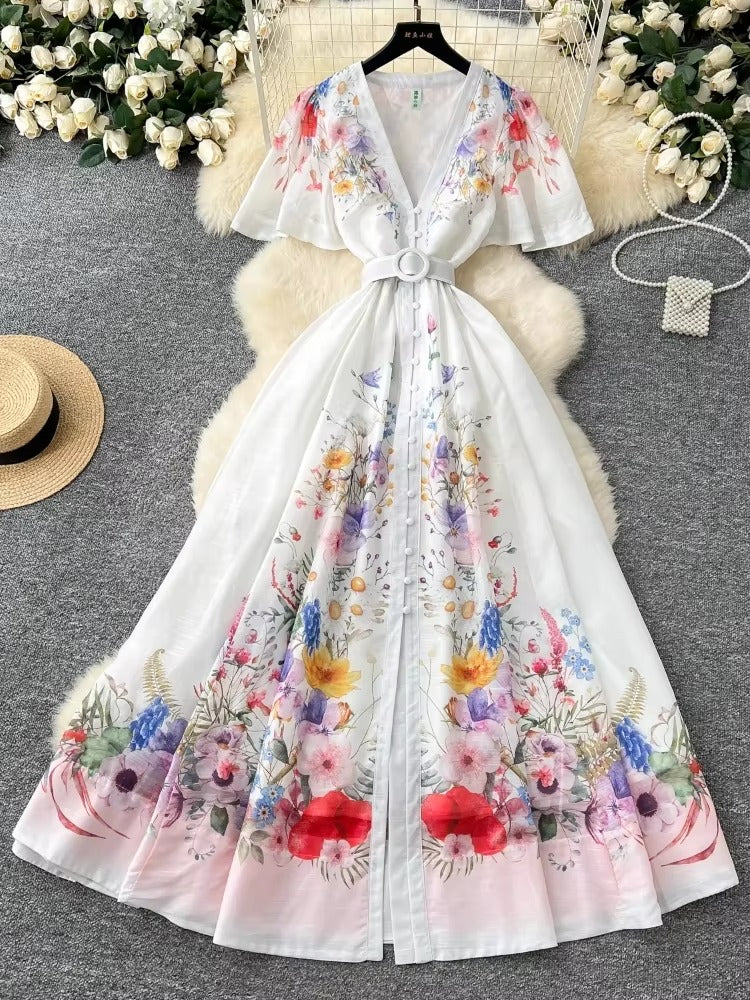 Elegant vintage V-neck button long floral evening dress high quality