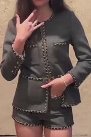 Designer Women Slim Fit Chain Woolen Tweed Jacket Shorts Two Piece Set Vintage Autumn Fashion Matching Sets High Quality Suits