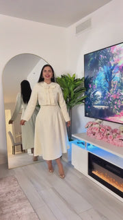 Two-piece set: jacket with waist tie and high-quality fine midi skirt