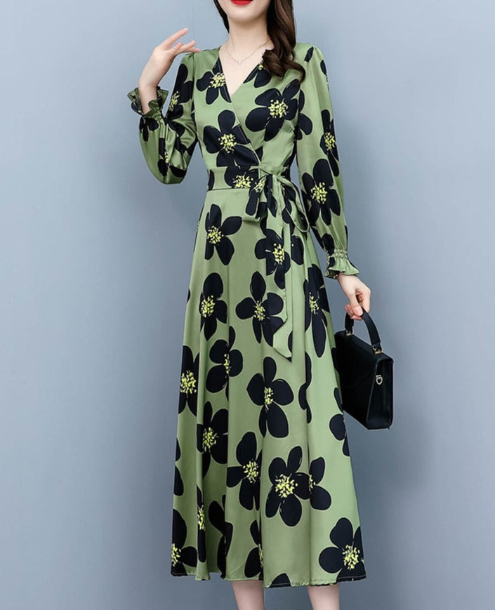 High-quality elegant temperament print long-sleeved dress