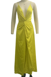 Women Dress Fashion Sexy Sling Solid Color V-Neck Sleeveless Lace Up Pleated Slit Loose Style Long Skirt High Streetwear