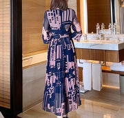 High Quality Ankle-Length Pleated Vintage Print Elegant Maxi Dress