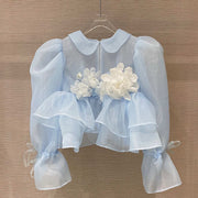 Flower Ruffle Slim Waist Short Puff Sleeve Shirt