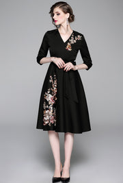 Vintage Designer High Quality V Neck Floral Embroidery Elegant Dress