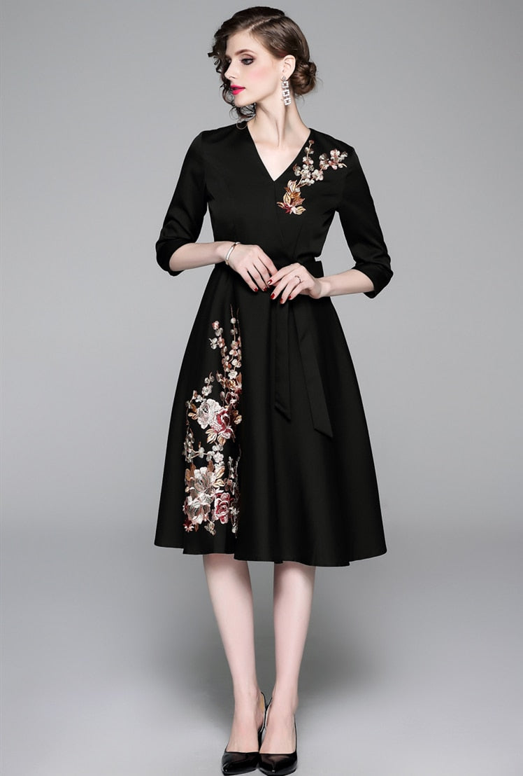 Vintage Designer High Quality V Neck Floral Embroidery Elegant Dress