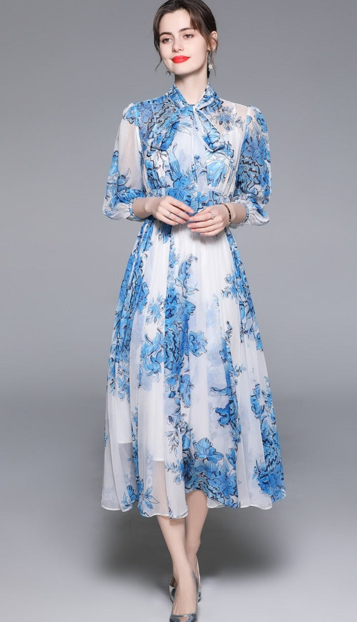 High Quality Vintage Designer A-Line Bows Long Elegant Blue Chiffon Dress