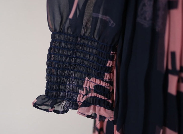 High Quality Ankle-Length Pleated Vintage Print Elegant Maxi Dress