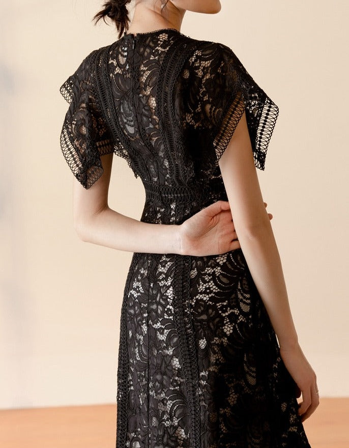 High Quality Hollow Out Midi Elegant Vintage Lace Black Dress