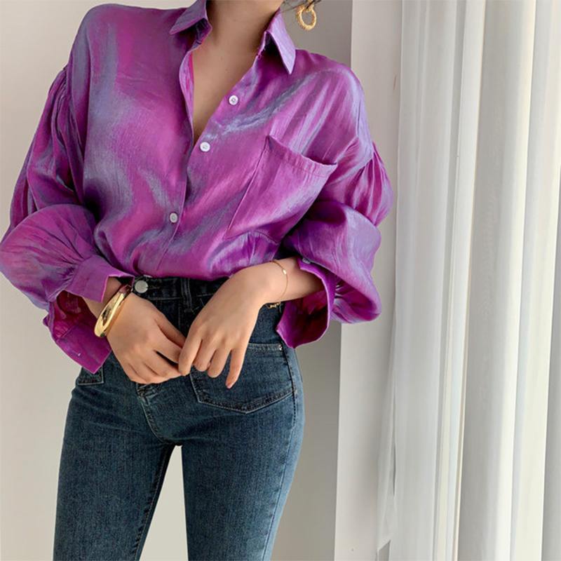 Lapel Buttons Legant Puff Sleeve Casual Blouse