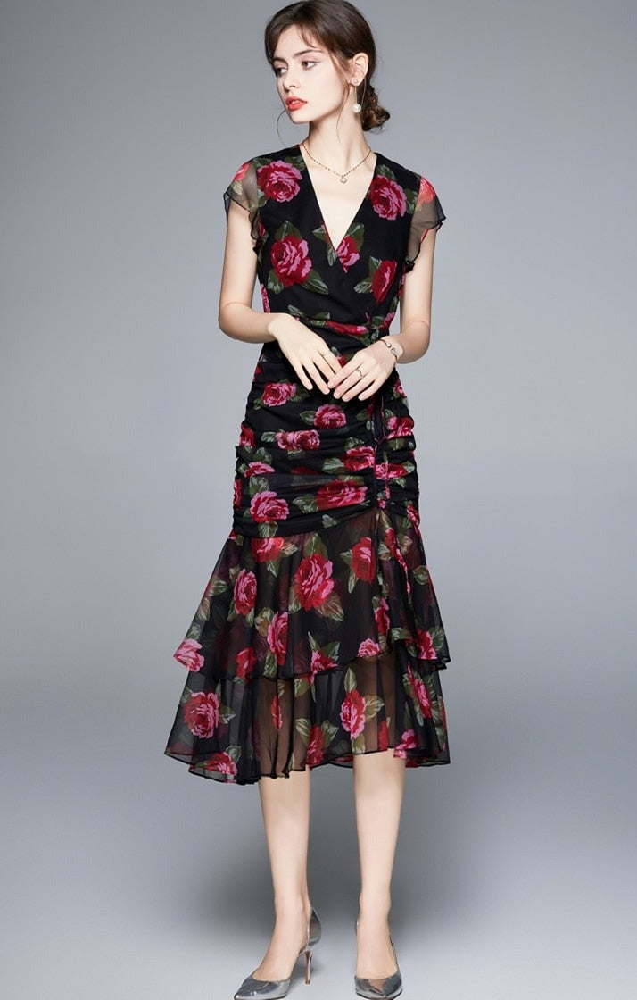 High Quality Vintage Designer V Neck Elegant Floral Dress