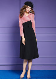Vintage high quality belted striped long sleeve elegant dress
