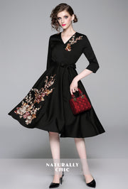 Vintage Designer High Quality V Neck Floral Embroidery Elegant Dress