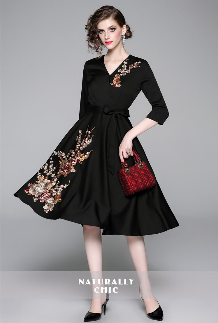 Vintage Designer High Quality V Neck Floral Embroidery Elegant Dress