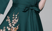Vintage Designer High Quality V Neck Floral Embroidery Elegant Dress